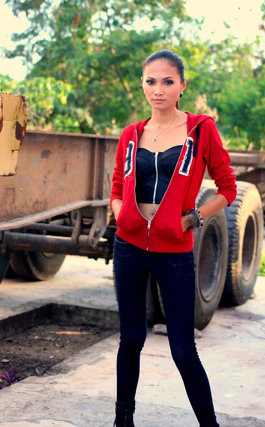 woman wearing jacket beside truck trailer during daytime, skinny model, HD wallpaper