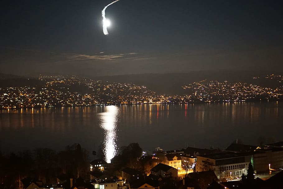 Lake, Reflection, Water, Night, Zurich, illuminated, moon, sky, HD wallpaper