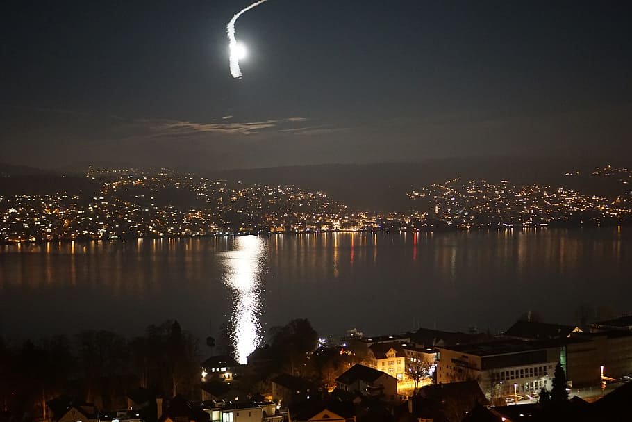 Lake, Reflection, Water, Night, Zurich, illuminated, moon, sky HD wallpaper