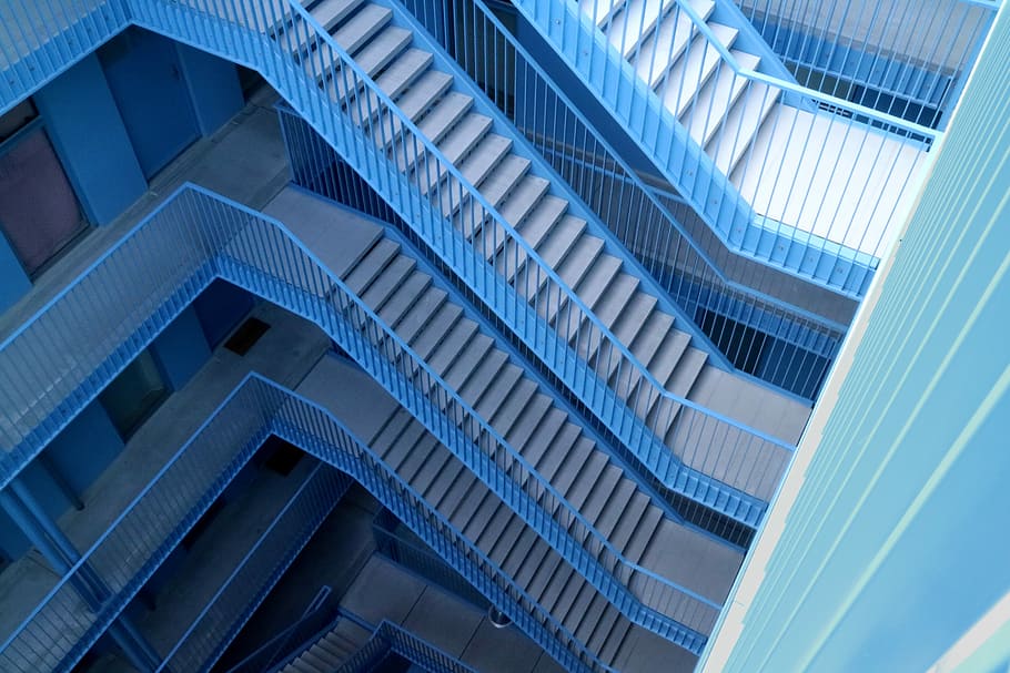 blue and gray stairs inside building, aerial view f blue and gray concrete stair HD wallpaper