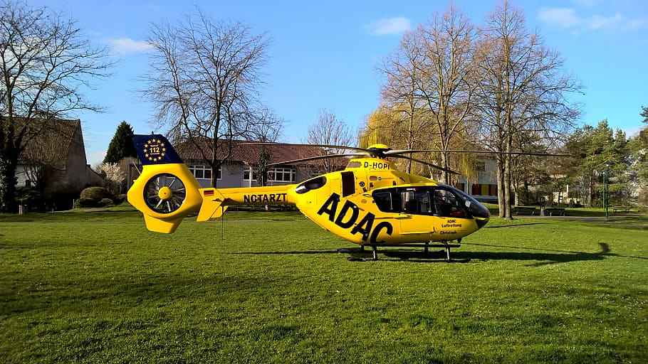 germany, helicopter, yellow, adac, rescue, help, plant, tree, HD wallpaper