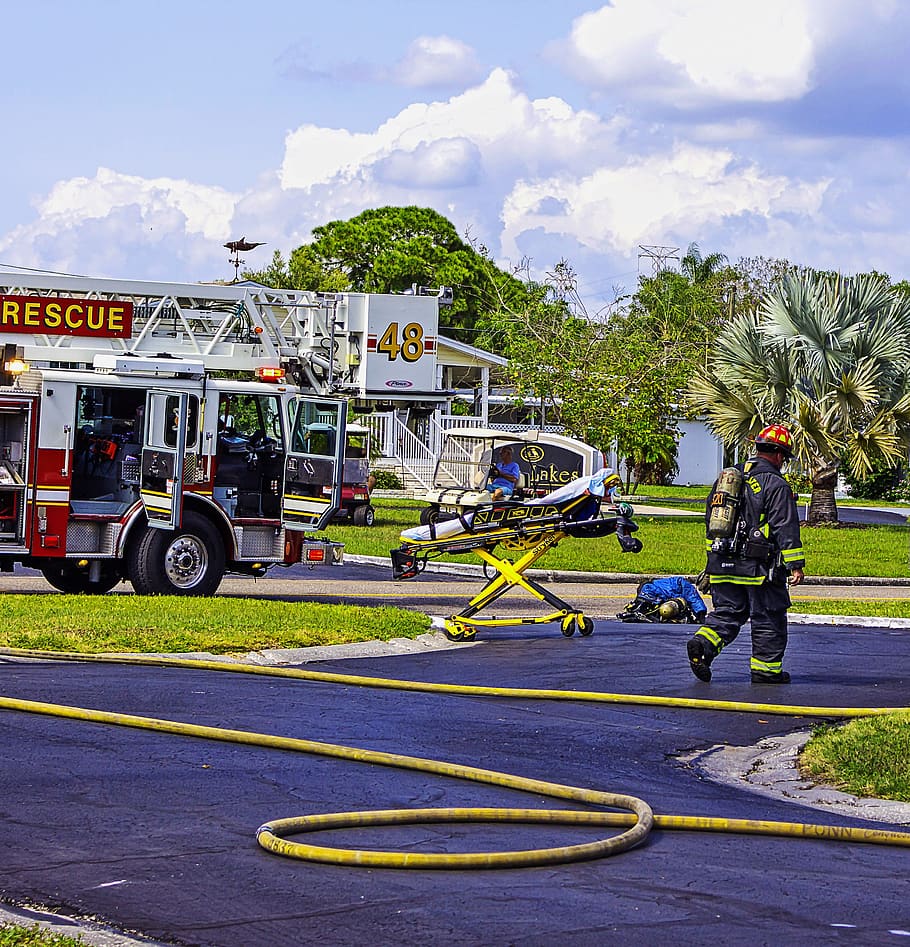 rescue, firefighter, transportation, tree, cloud - sky, plant HD wallpaper