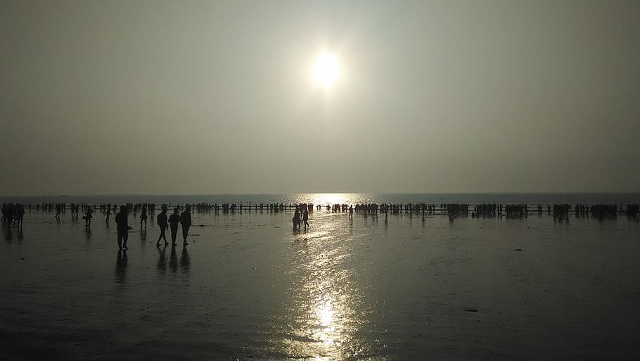 beach, people, sunset, water, reflection, sky, tranquility HD wallpaper