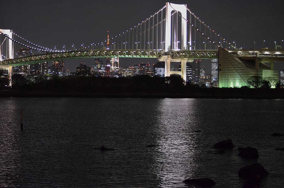 tokyo, sea, night, water, built structure, architecture, bridge HD wallpaper