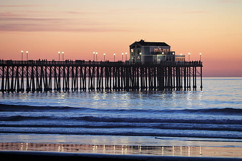 brown wooden dock, oceanside, san diego, pier, water, sky, sunset HD wallpaper