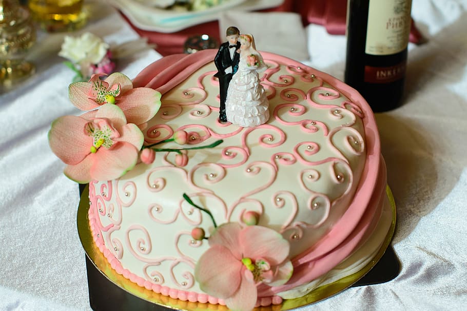 white and pink icing-covered cake, wedding cake, young, sweets HD wallpaper