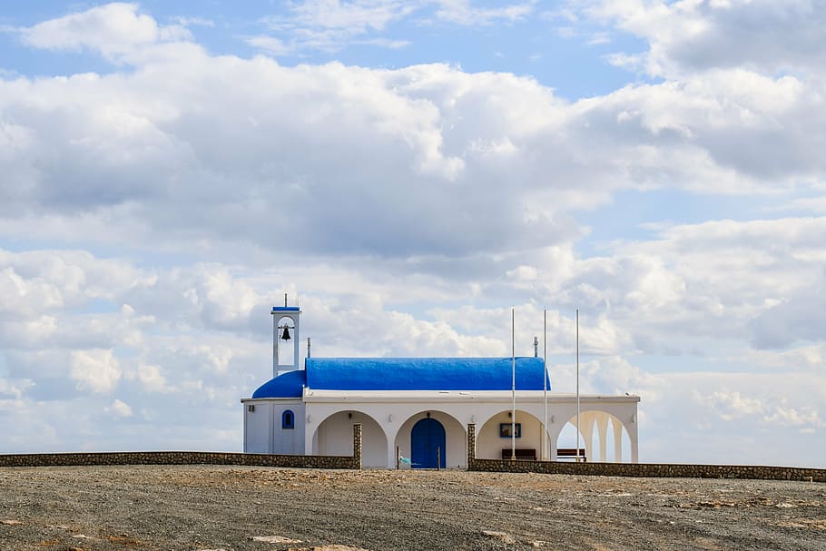 church, blue, white, mediterranean, architecture, sky, clouds HD wallpaper