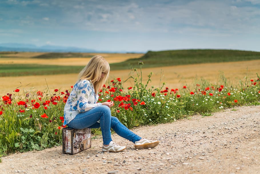 Girl Near Red Petal Flowers at Daytime, blonde, blue jeans, blur, HD wallpaper