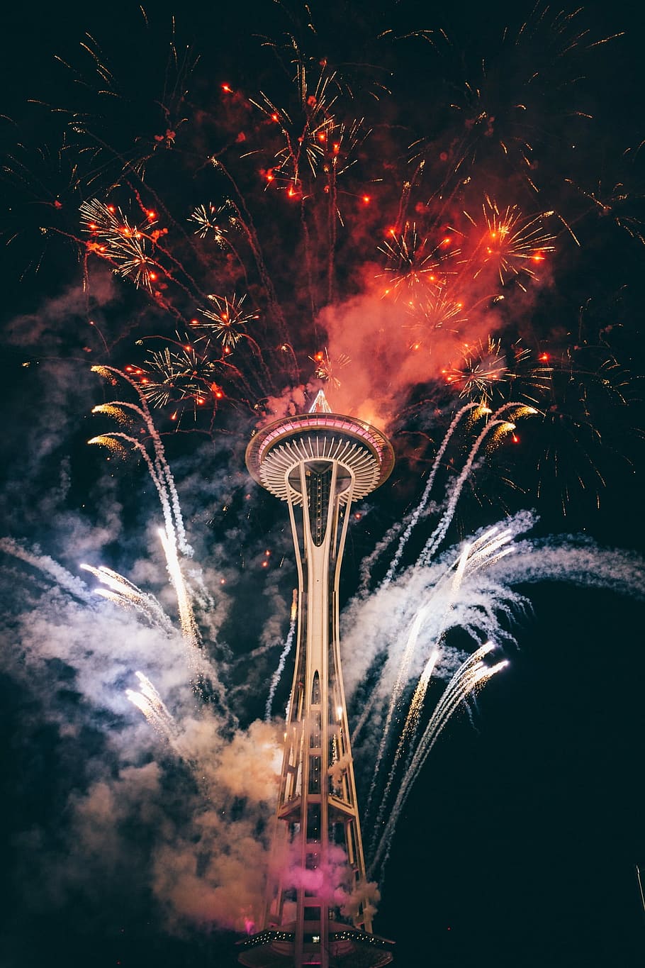 Space Needle with fireworks during night time, fire - Natural Phenomenon HD wallpaper