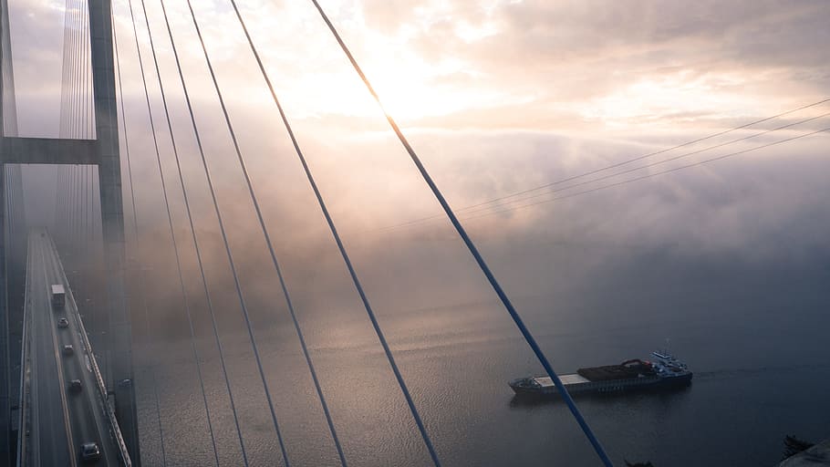 infrastructure, bridge, fog, boat, clouds, sky, road, car, vehicle HD wallpaper