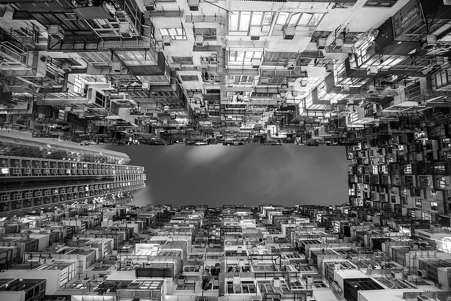 low-angle grayscale photo of high-rise buildings, hong kong, city, HD wallpaper