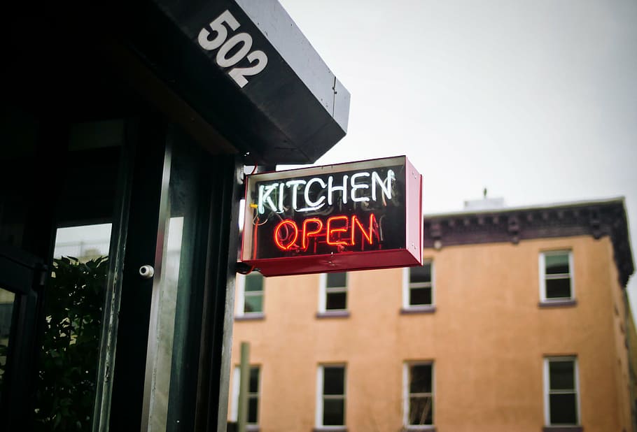 Kitchen Open neon sign, restaurant, food, dine, architecture HD wallpaper