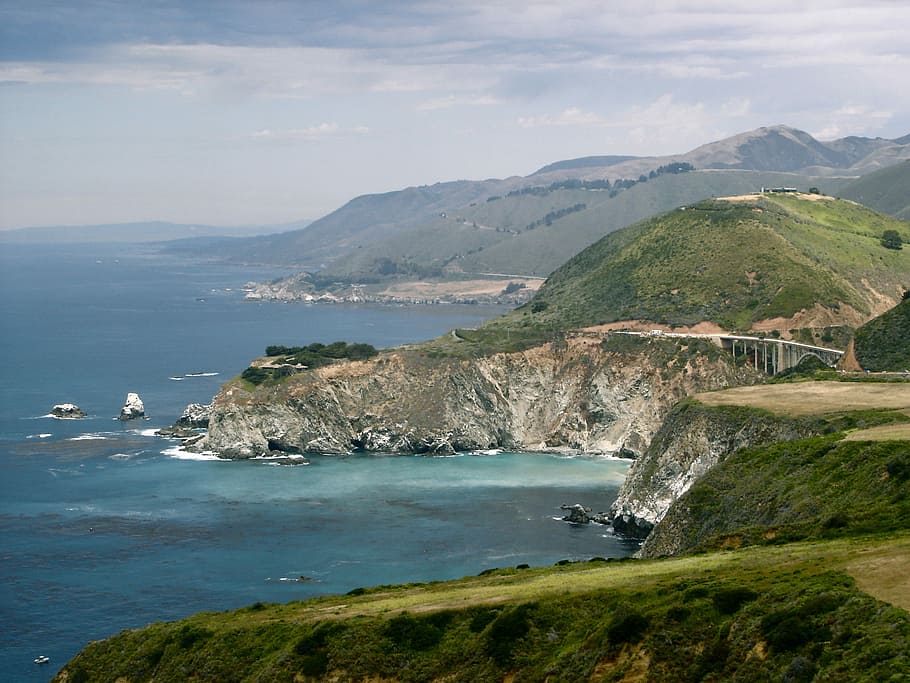 Big Sur coast landscape and seashore in California, photos, ocean