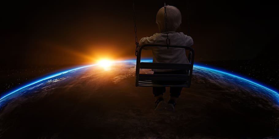 boy, child, planet, space, illuminated, night, planet - space HD wallpaper