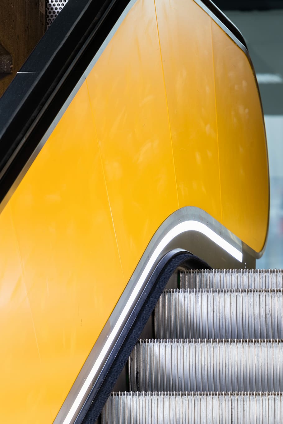 gray and yellow escalator, metal, step, stair, minimal, no people HD wallpaper