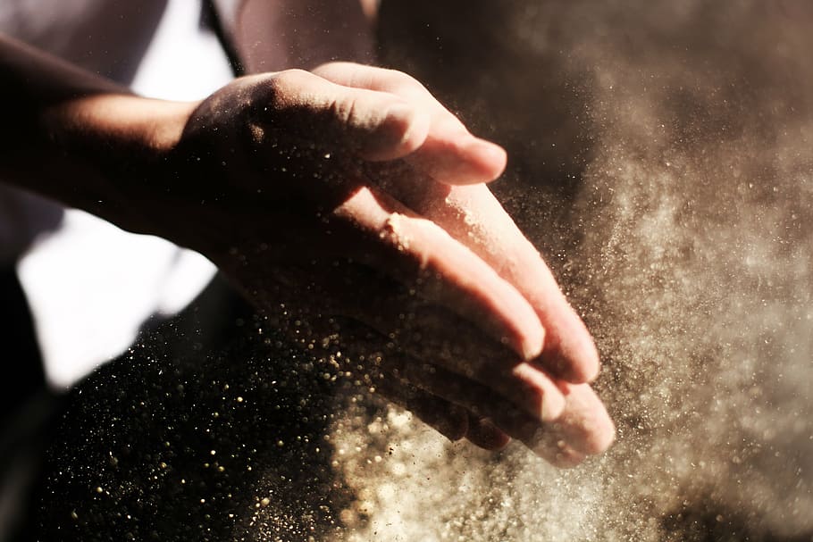 macro photography of person's hands, clapping, dust, flour HD wallpaper