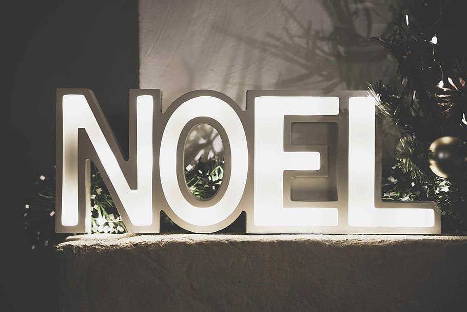 white Noel freestanding letters with light, grayscale of Noel cutout signage HD wallpaper