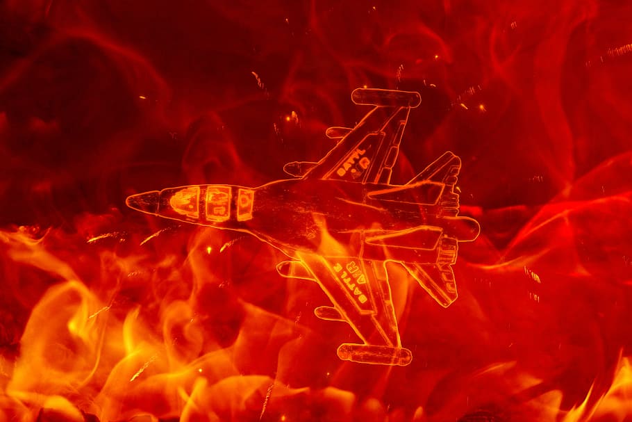 fire plane, fighter plane, aircraft, flames, red, no people HD wallpaper