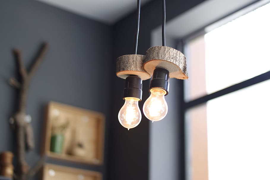 2 Turned on Hanging Lamps, bulbs, glowing, light bulbs, lights HD wallpaper