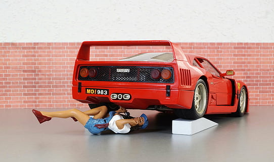 red sports car, model car, ferrari, mechanic, workshop, auto HD wallpaper