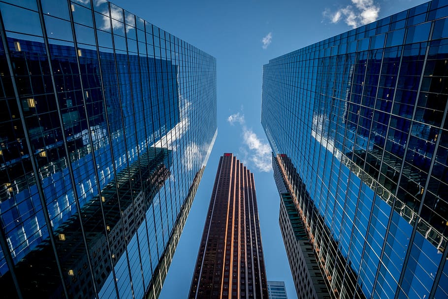 HD wallpaper: Reflective Towers, worm's eyeview photo of mirrored ...