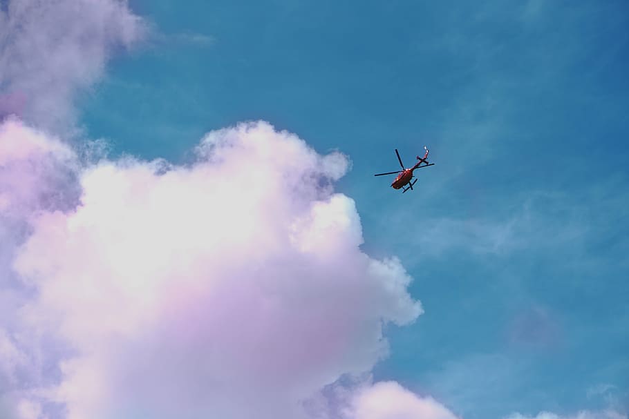 They watched, red helicopter, cloudscape, pink, blue sky, air vehicle HD wallpaper