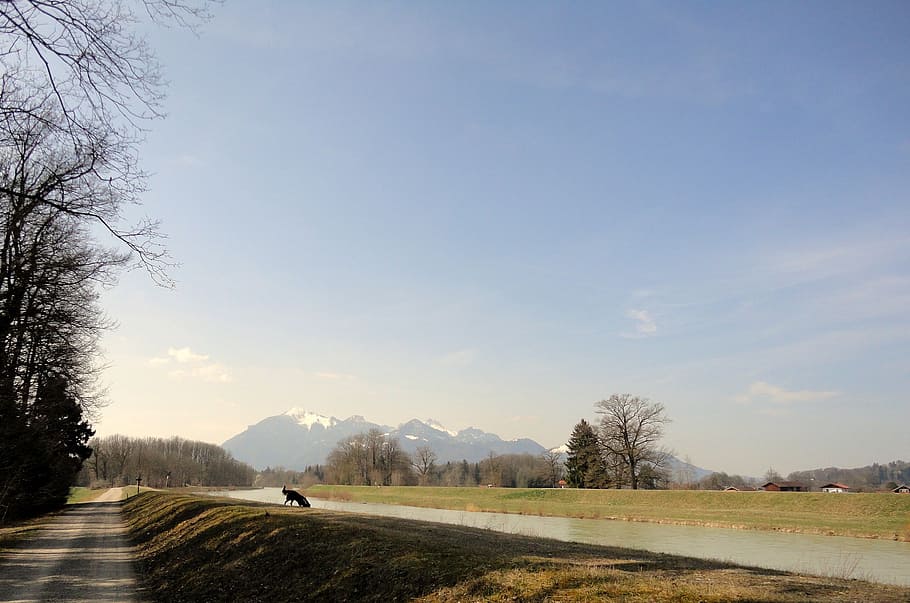 chiemgau, mountains, tyrolean uards, river, blue sky, landscape HD wallpaper