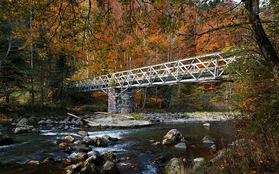 gray bridge over water photo, steel bridge during daytime, rock HD wallpaper