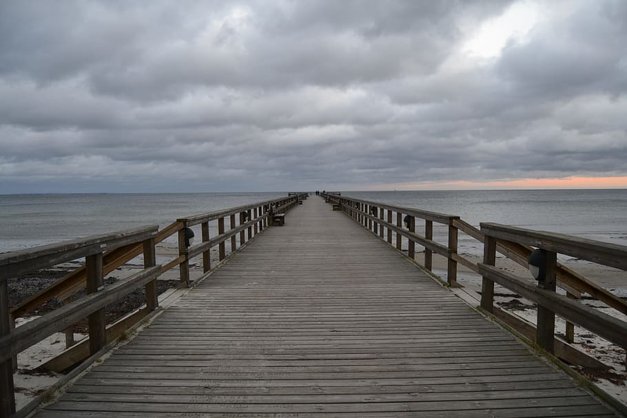 Pier, Clouds, Sea, Sweden, Wooden, sky, horizon, sunset, evening HD wallpaper