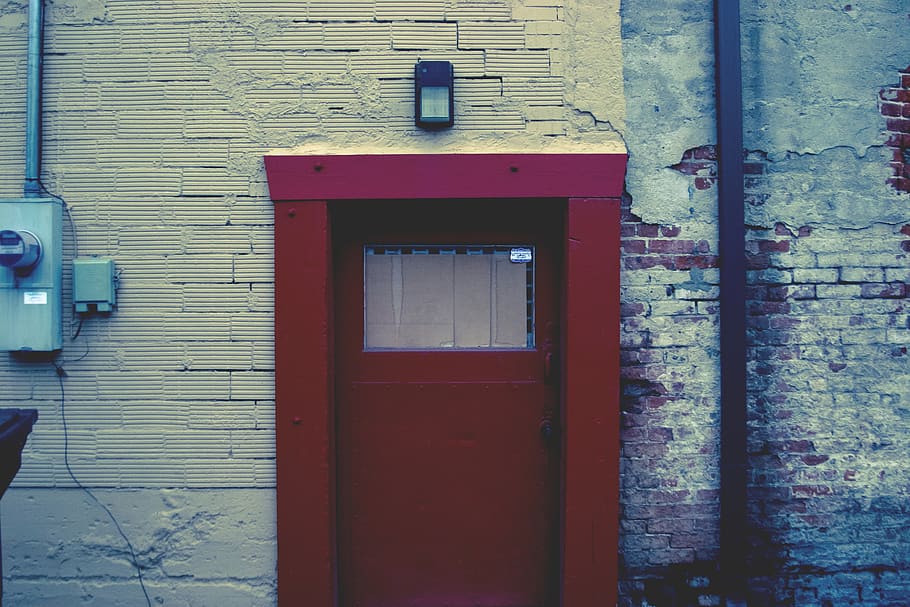 red, door, bricks, wall, building, built structure, architecture HD wallpaper
