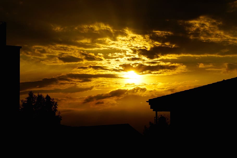 Twilight, Evening Sun, Clouds, Home, contours, sunset, silhouette HD wallpaper