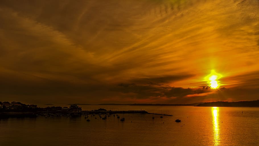 sunset, horizon, clouds, sky, sea, landscape, evening sun, setting sun HD wallpaper