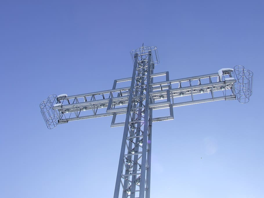 cross, mountain, snow, sky, low angle view, clear sky, metal HD wallpaper