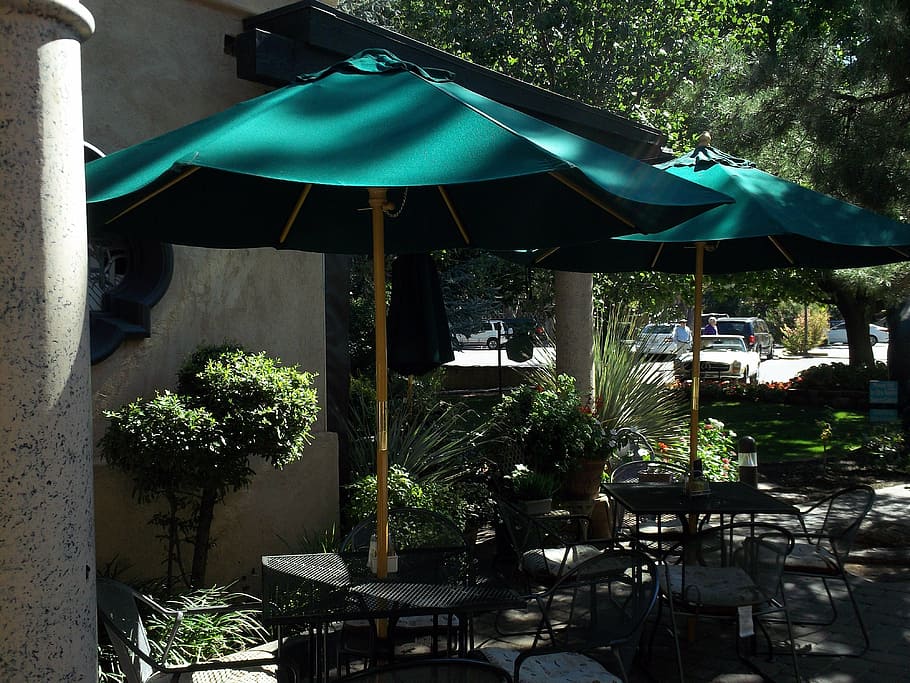 cafe, umbrellas, resort, plant, tree, chair, built structure HD wallpaper