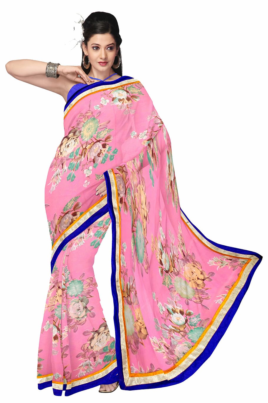 woman standing wearing pink floral sari dress, fashion, silk