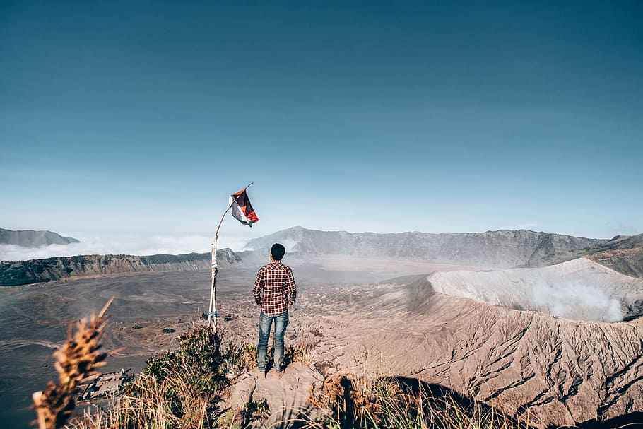 people, man, alone, adventure, outdoor, mountain, volcano, crater HD wallpaper