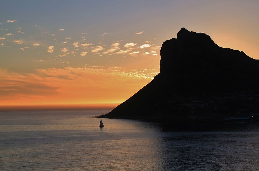 silhouette of mountain near sea ], ocean, sunset, idyll, holiday