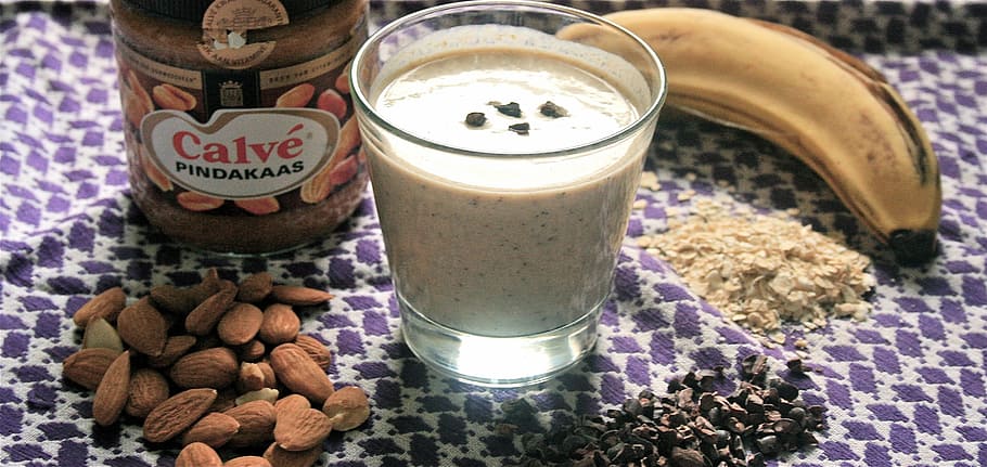 almond nuts beside glass, breakfast drink, cocoa, nibs, shake, HD wallpaper