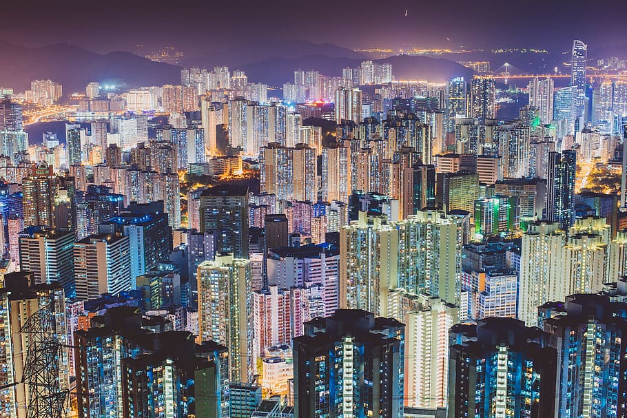 aerial photography of cities scape during night, aerial photo of city during daytime HD wallpaper