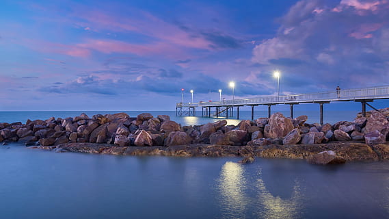 rock near dock, sunset, peer, tropical, darwin, australia, ocean HD wallpaper