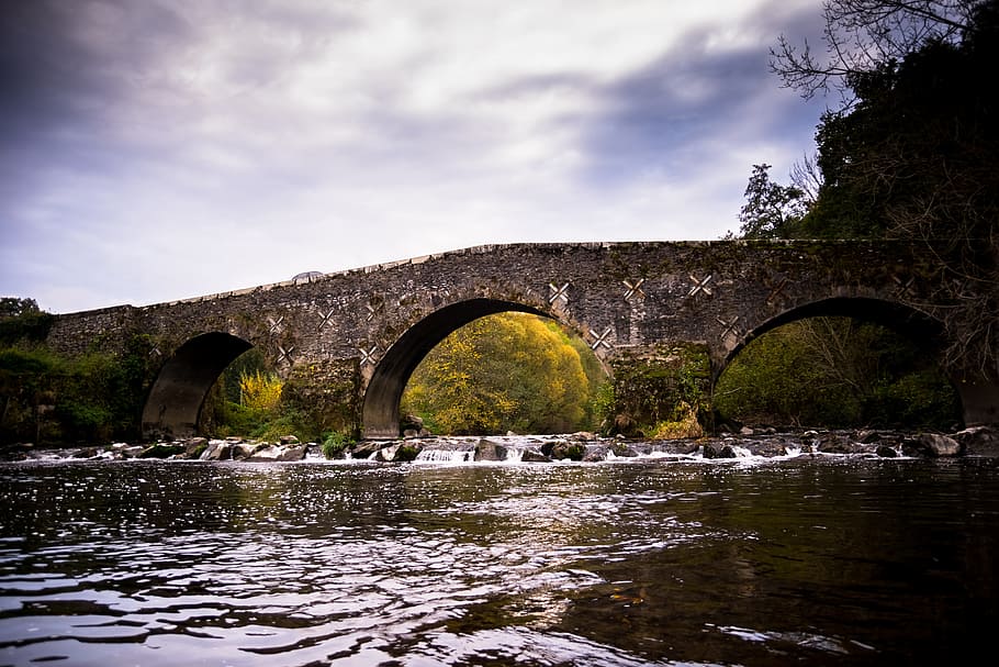 river, bridge, sky, field, cloudy sky, nature, landscape, water HD wallpaper