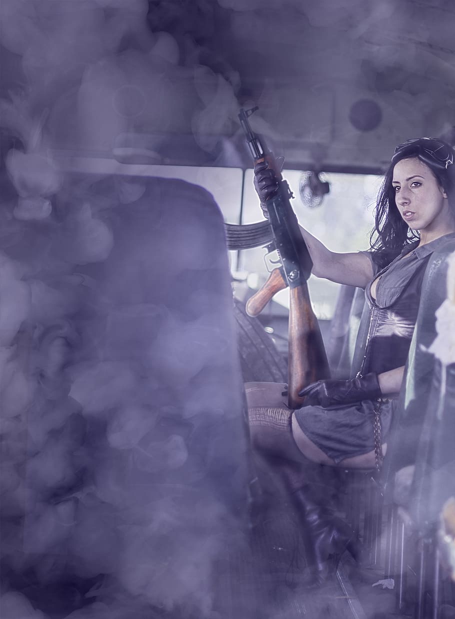 woman with assault rifle inside vehicle, War, Bus, Smoke, Apocalypse, Girl
