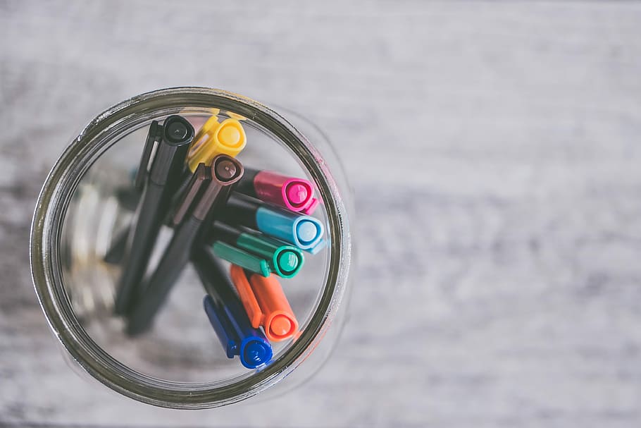 markers in jar, selective focus photo of pens in glass jar, flatlay HD wallpaper