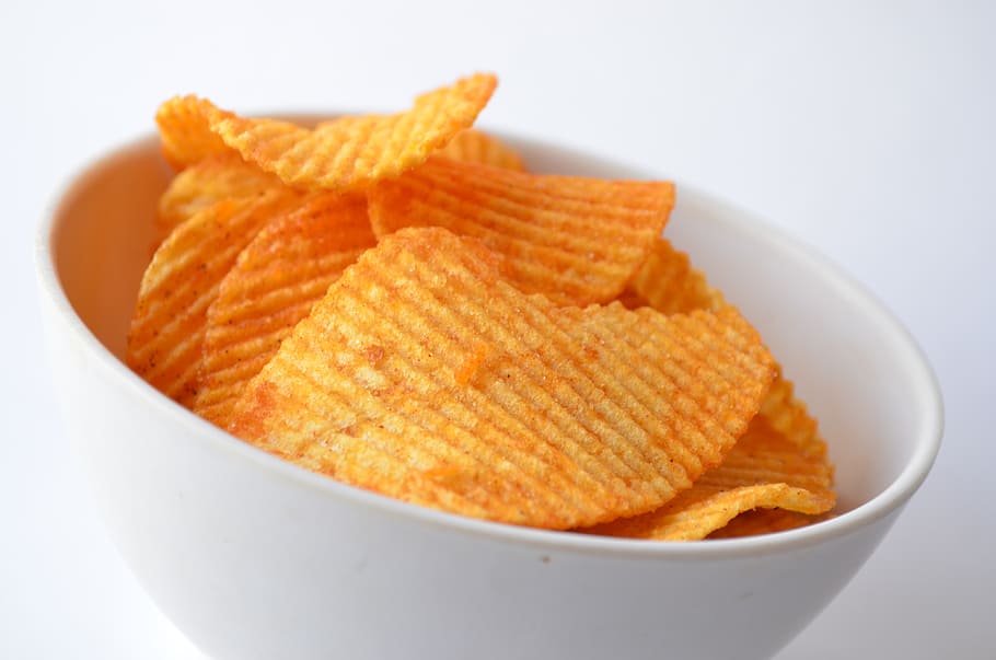potato chips in bowl, food, snack, edible, junk, fried, salty