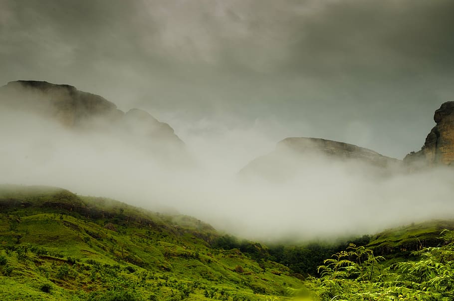 mountains, drakensberg mountains, south africa, clouds, fog, HD wallpaper