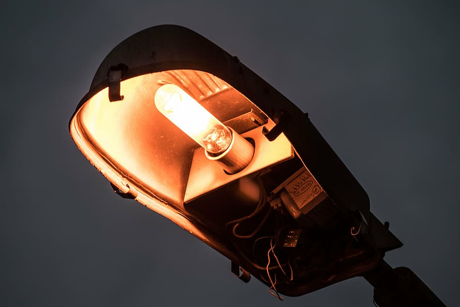 turned-on light post, night, road, street, electricity, streetlight HD wallpaper
