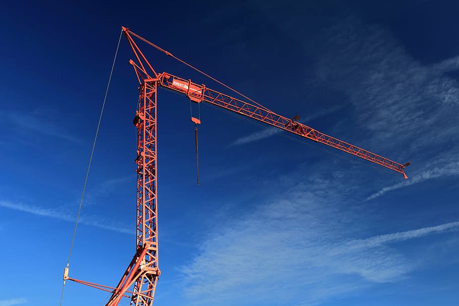 red crane under cloudy sky, baukran, site, technology, construction work, HD wallpaper