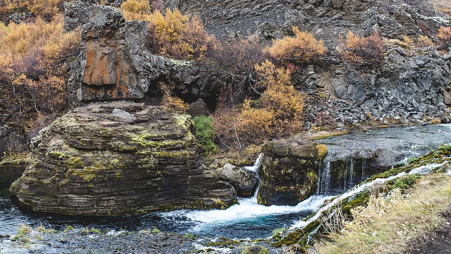 rocks, highland, grass, hill, river, water, nature, rock - object HD wallpaper