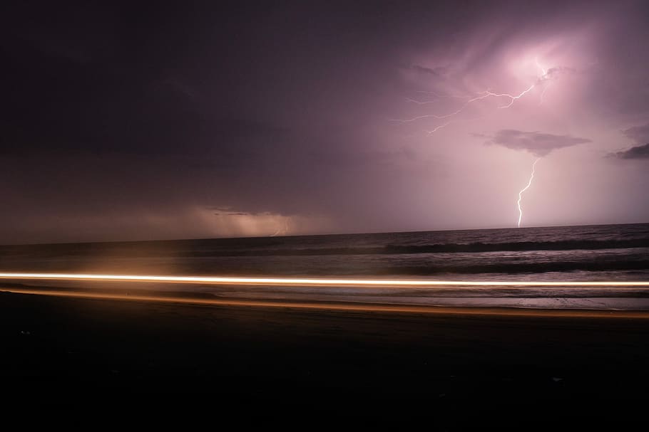 sky struck by lightning photography, landscape photography of seashore HD wallpaper