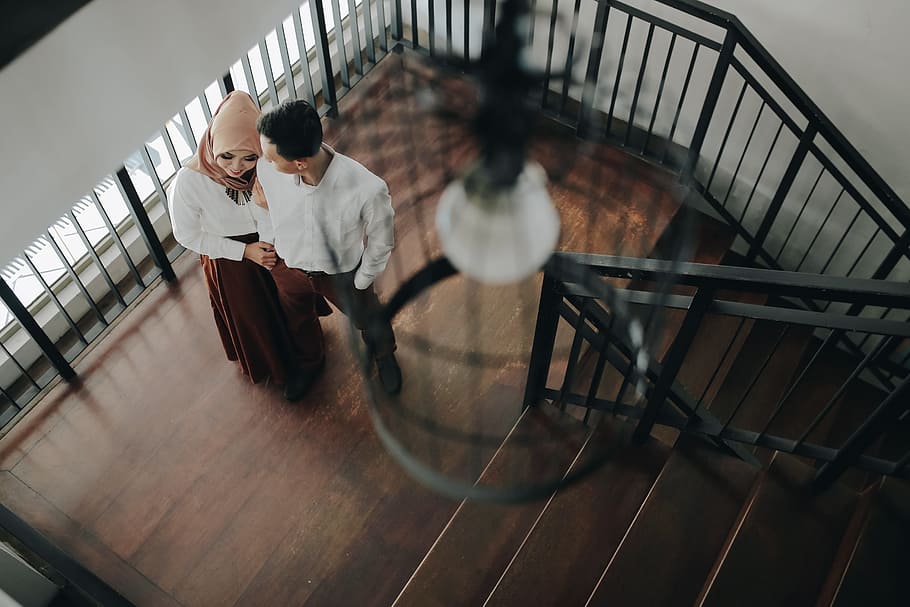 prawedding, pair, love, railing, architecture, men, staircase HD wallpaper